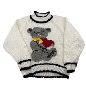Evian II Knit Teddy Bear Heart Mock Neck Sweater Women's M Cream Black Handmade